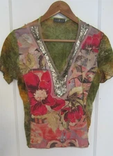 VANGO PARIS Multi Color V-neck Sheer Summer / Festival / Boho Shirt Sz 3