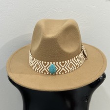 Camel Felt Panama Wide Brim Hat Ribbon Turquoise Accent One size Women