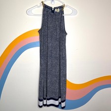 Michael Kors Midi Dress Blue White Sleeveless Gold Chain Shift Womens XS