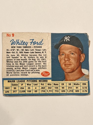 Whitey Ford [Hand Cut] #9 1962 Post Cereal card