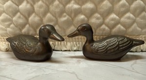 Vintage MCM Pair Solid Brass Duck Geese Small Miniatures Figurines Sculptures