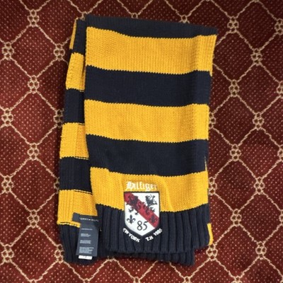 Tommy Hilfiger Men's Yellow Navy Striped Knit Cotton Scarf Embroidered Logo