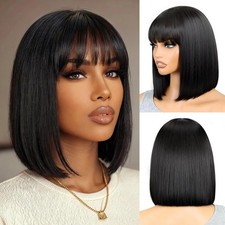 Black Bob Wig for Women 150 density Short Straight Human Hair Wig With Bangs