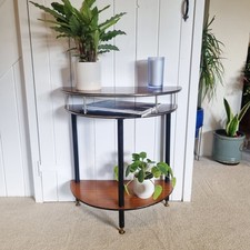 Vintage Half Moon Teak Veneer Table 3 Tier Console Hall Plant Stand 60s 70s Retr