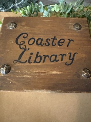 Library Theme Wooden & Cork Coaster Set with Holder, Vintage Style, 6 Pieces