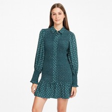 ASOS Smocked Polka Dot Green Mini Dress Long Sleeves Collared Button Size 4
