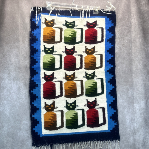 Vtg Weaved Cat Pattern Tapestry Rug Mat Wall Art Peruvian Native ...
