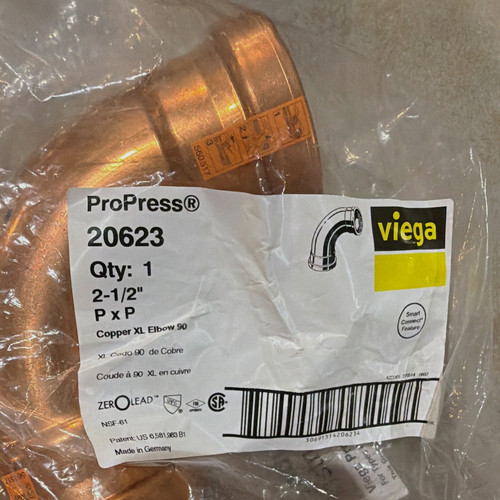 Viega 20623 2-1/2 in Copper Push-to-Connect 90 Elbow, Female x Female