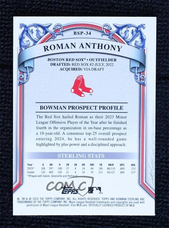 2024 Bowman Sterling Prospect Blue Refractor /25 Roman Anthony #BSP-34 - Image 2 of 2