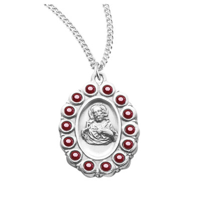 Sterling Silver Scapular Medal Set with Ruby Crystals Medal Necklace, 18'' Chain