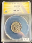 1937 P MS 64 MS64 Buffalo Nickel 5c Coin ANACS Graded Great Set Filler 3019