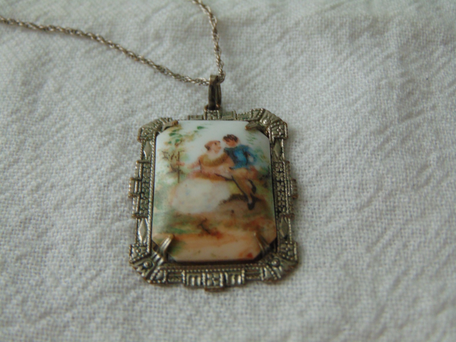 antique vintage silver tone porcelain lovers scene pendant necklace