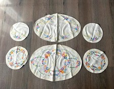 Antique Vintage Embroidered Linen Dressing Table Sets x 2