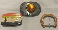 Vintage 3 Southwestern Belt Buckles c 1970's. Painted Cactus , Jewel, Leather