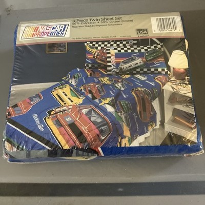 Vtg Nascar 3-piece twin sheet set Fitted Flat Pillowcase Racing Bibb Co USA new
