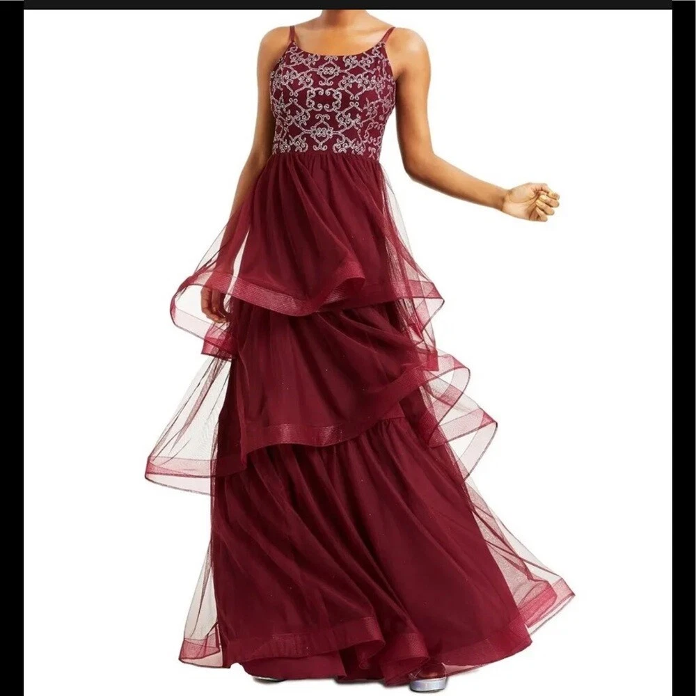 Women s Juniors Formal Dress Size 7 Speechless Gown Burgundy Red Tiered Tulle