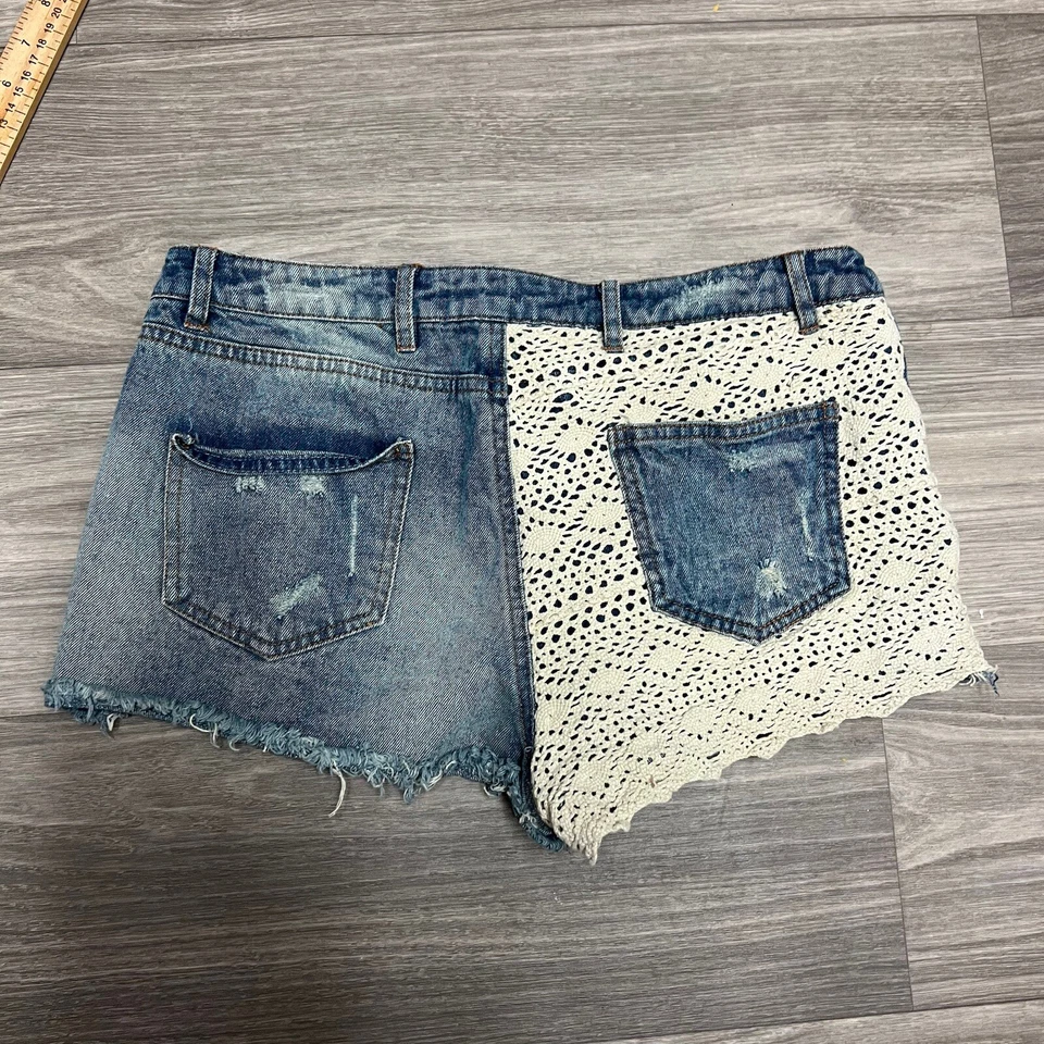 Pantalones Cortos de Jean Y2K Azul Encaje Mujer 30" Daisy Duke Distressed Cheeky Coquette Fairy Foto 2 de 4