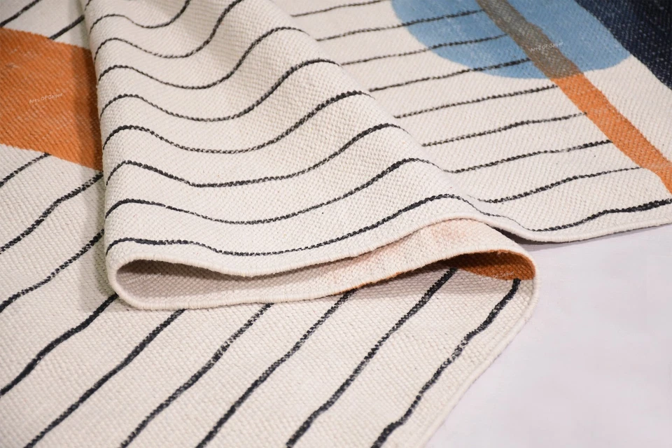 Blue Stripes Cotton Area Rug, Indian Home Decorative Geometric Pattern Dhurries - Image 4 of 4