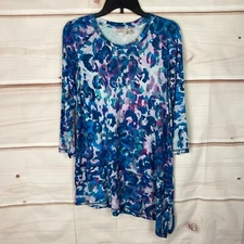 LOGO by Lori Goldstein Top Womens XS Blue Leopard Rayon 230 Asymmetrical Tunic