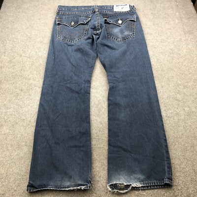 True Religion Jeans 36 Dark Wash Straight Distressed Flap Pockets Stitched *