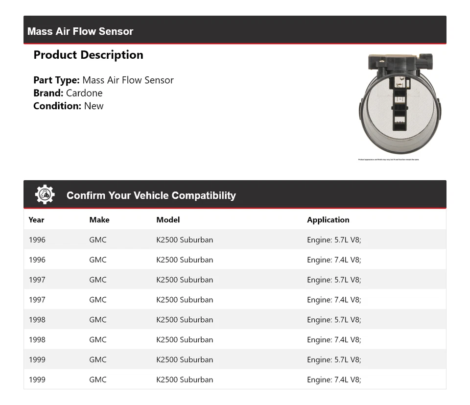 Sensor de flujo de aire másico suburbano para GMC K2500 1996-1999 Cardone 1997 1998 Foto 2 de 4