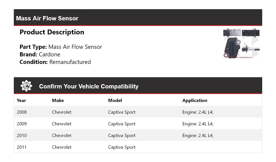 Датчик массового расхода воздуха Cardone 2009 2010 для Chevrolet Captiva Sport 2008-2011 годов выпуска - Изображение 2 из 4