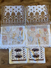 6 VTG Bath Hand Towels Brown Tan Fringe Sculpted Flowers Sayco Cannon Lady