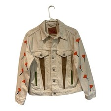 Levi  s Custom Hand Painted Denim Jacket Size S Cream Off White One of a Kind Art