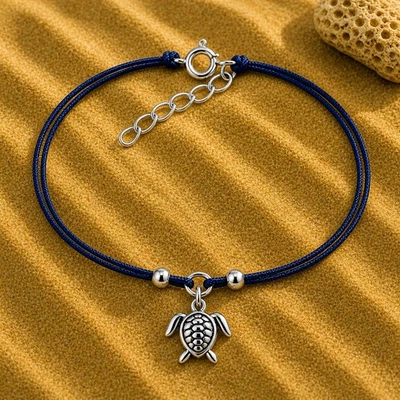Fußkette Fußkettchen Schildkröte 925 Silber + Textil Band verstellbar - Bild 1 von 4