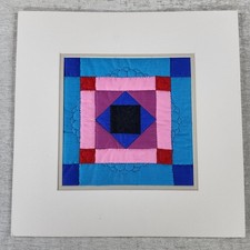 Mini Quilt Vintage Square Blue Pink Geometric Matted For Frame 14X14"