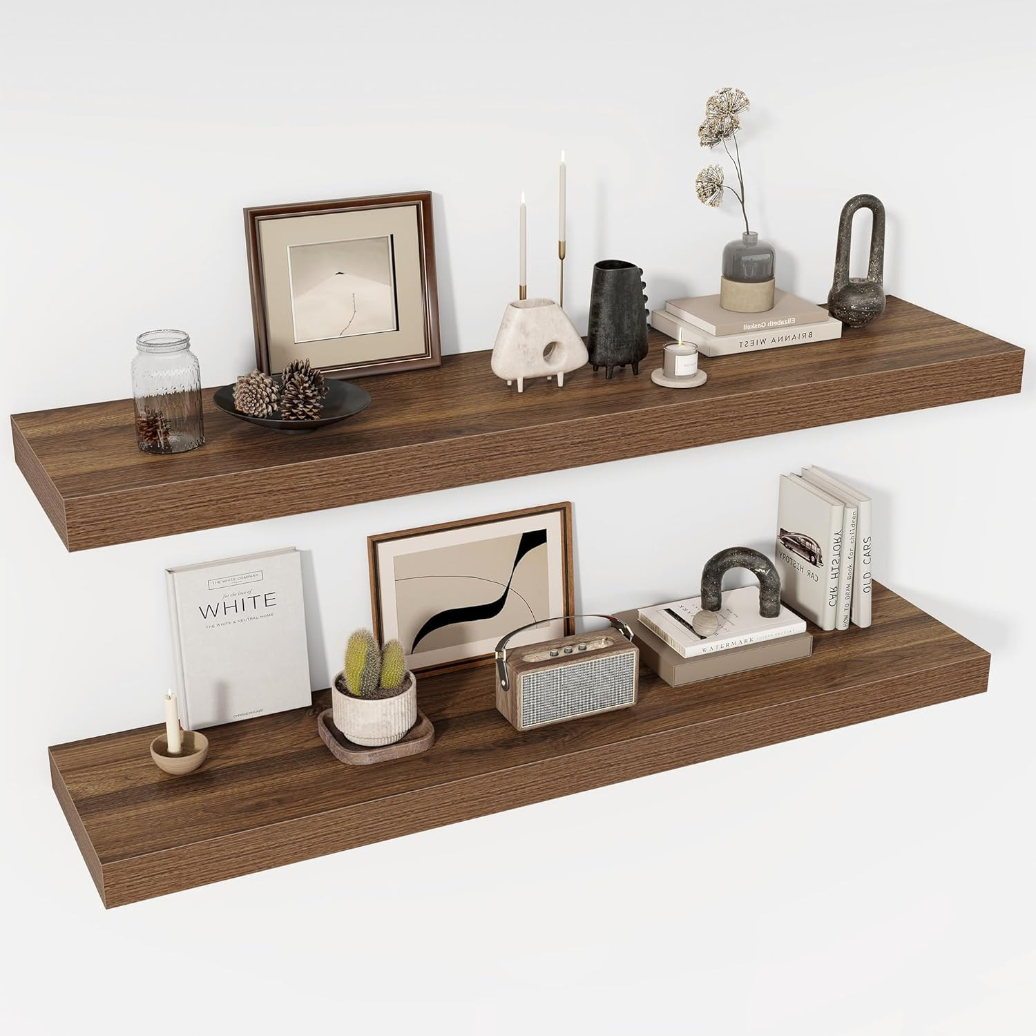 Rustic 48" Floating Shelves Set of 2 - Deep Wall Mounted Boo