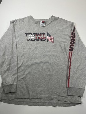 Tommy Jeans Grey Long Sleeve Shirt with American Flag Print
