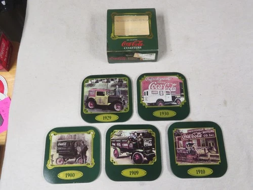Coca Cola Delivery Vehicals 1900 To 1930 Metal Coaster Set 5pc. Vintage 1989