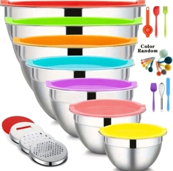 New 26 Piece Stainless Steel Mixing Bowls Airtight Lids Measuring Cups, Spoons