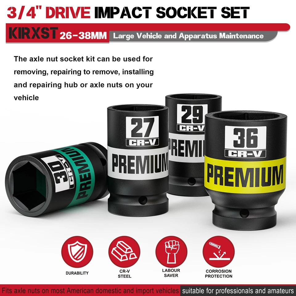 8 Piece 3/4" Drive Impact Socket Set Metric Axle Nut Sockets 26-38mm Thicker ... - Image 4 of 4