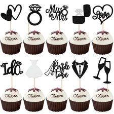 30 PCS Bride to Be Cupcake Toppers Glitter Miss to Mrs I Do Love Heart Ring C...