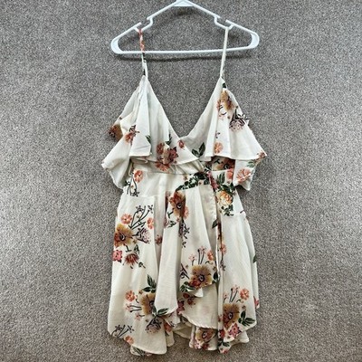 Morning Mist Women's Dress Size 10 White Floral Strap V-Neck Pleated