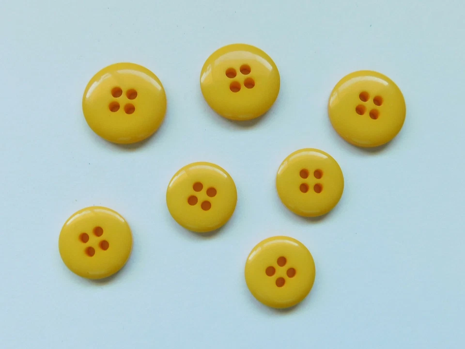 Set 7 Bright Yellow Goldenrod Buttons 4-Hole Rim Flat 11/16" and 9/16" Vintage - Image 2 of 4