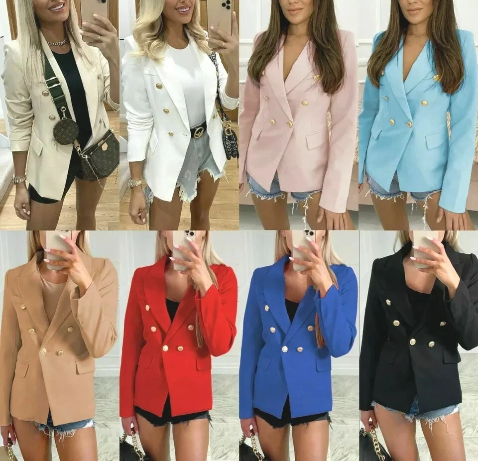 New Ladies Gold Button Blazer Women's Double Breasted Smart Formal Office Jacket