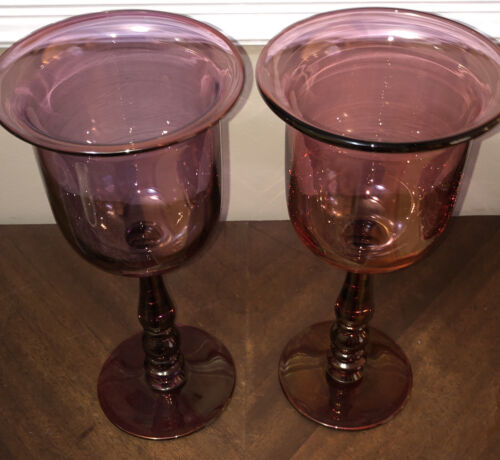 Vintage Amethyst Glass Pillar Candle Holders Pair Hand Blown Ruby Cranberry 11” - Picture 9 of 11