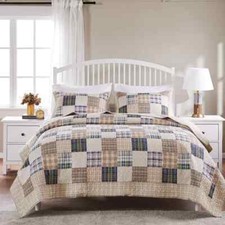 BEAUTIFUL CLASSIC COTTON IVORY TAUPE BEIGE BLUE GREEN RED CABIN PLAID QUILT SET