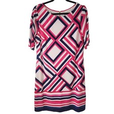 Eliza J Geometric Print 3/4 Sleeve Blue Pink Stretch Shift Dress Women's 14