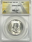 1948-D Franklin Half Dollar : ANACS MS64FBL