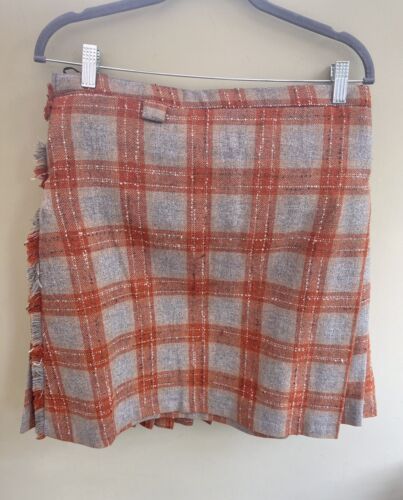Handmade Orange Grey Checked Kilt Size 12 14 100% Wool Leather Buckles - Picture 6 of 8