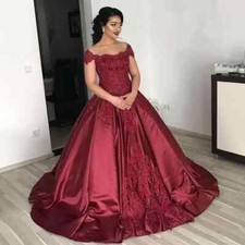 Burgundy Satin Gothic Ball Gown Wedding Dresses Cap Sleeve Lace Bridal Gowns   