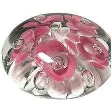 Art Glass Joe St. Clair Floral Pink Flower Controlled Bubbles White 3" Diameter