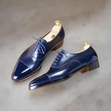 Handmade Pure Leather Navy Blue Formal Dress Casual Office Cap Toe Shoes For Men
