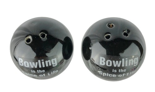 Vintage Bowling is the Spice of Life Salt Pepper Shaker Set Black Bowling Balls - Picture 3 of 8