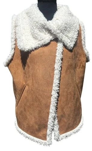 HINGE Nordstrom size M Brown White Faux Suede Shearling Fur Wide Collar Vest Top