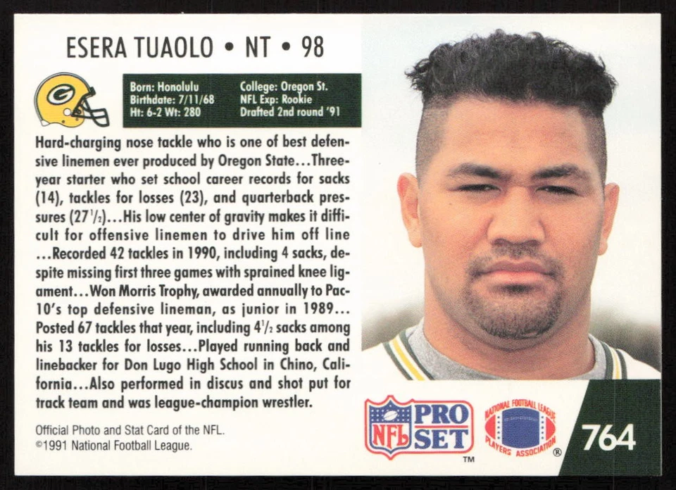 1991 Pro Set Esera Tuaolo #764 Rookie Green Bay Packers - Image 2 of 2